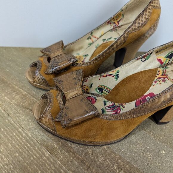 Miss L Fire Leather Suede Bow Heels Size 6 Vintage Style Peep Toe Retro Pinup 3" - Picture 3 of 10